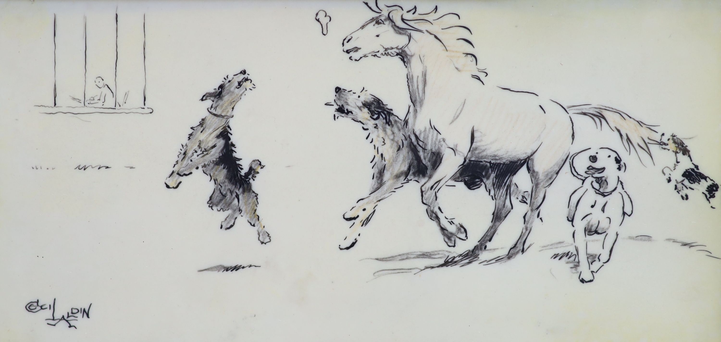 Cecil Aldin (1870-1935), Dogs running with a pony, Pencil and ink on ivorine panel, 8.5 x 18cm.